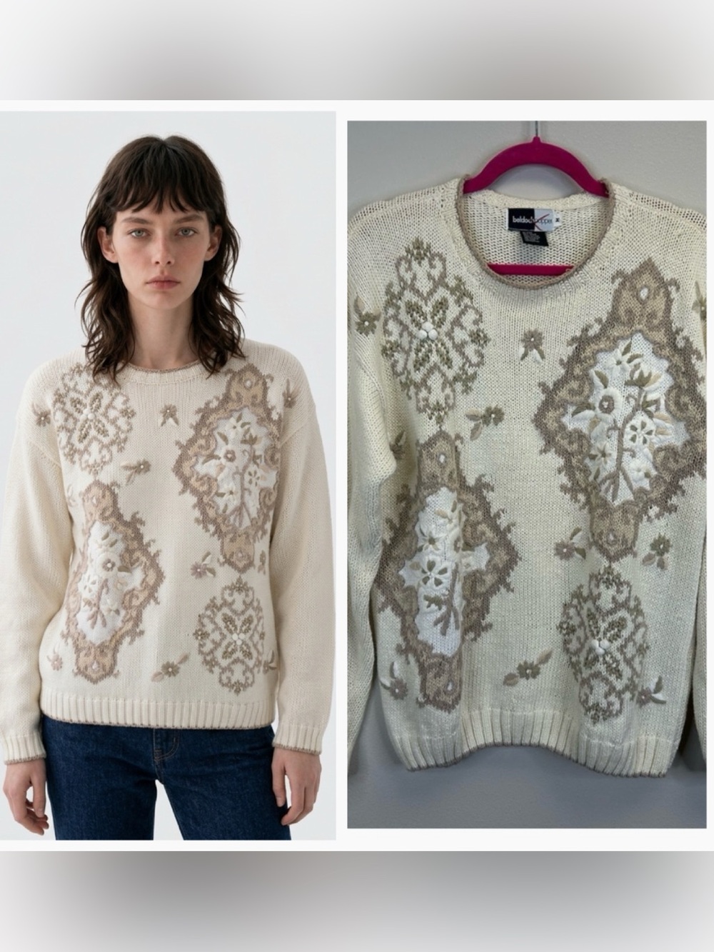 Cottagecore Grannycore Vintage Elegant Floral Sweater 80s 90s Size M Embellished